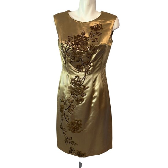 Vintage Dresses & Skirts - Vtg 60s Liquid Satin Gold Beaded Sleeveless Sheath Dress Silk Wiggle Size